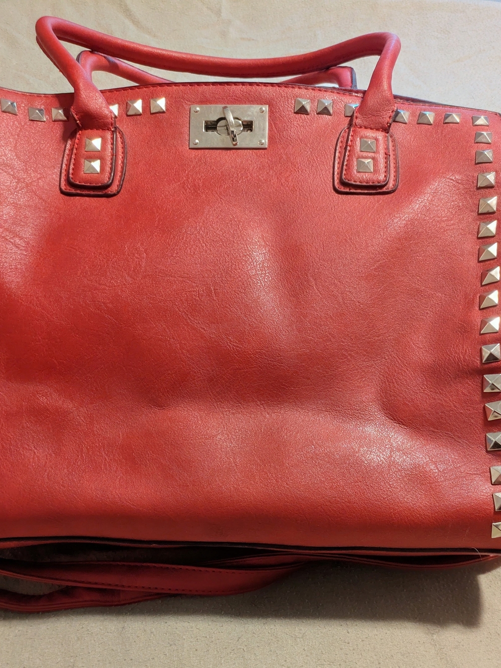 Red Stud-Trim Tote Handbag